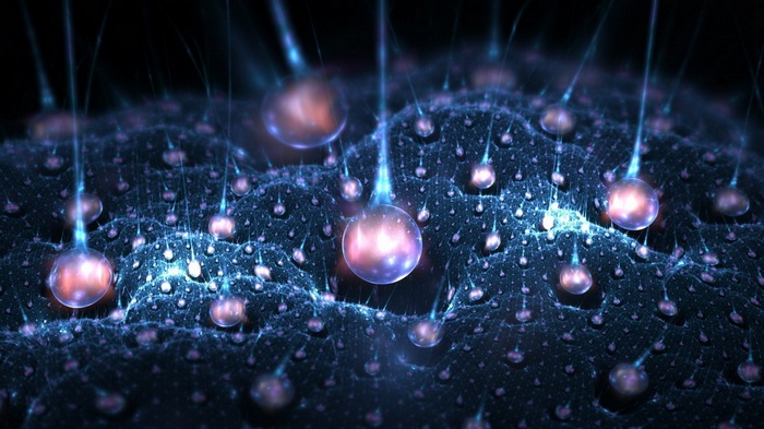 Abstract fractal pattern with glowing bubbles and light beams