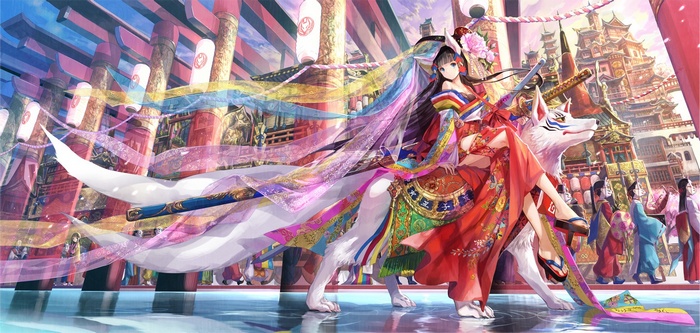 Girl in Japanese clothes with katana and wolf