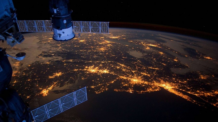 Earth at Night from Space with Satellite