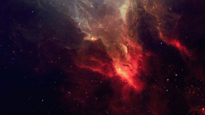 Digital art of a red and orange nebula with stars