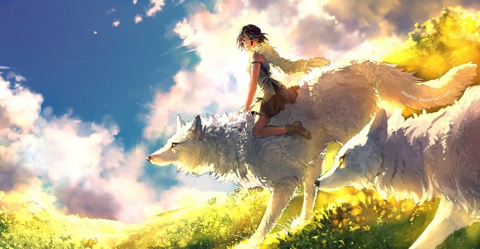 anime, Studio Ghibli, wolf, Princess Mononoke, anime girls