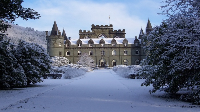 Inveraray Castle in Scotland during winter with snow