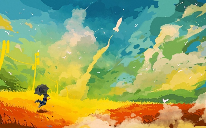 Artwork of a rocket launching into a colorful sky
