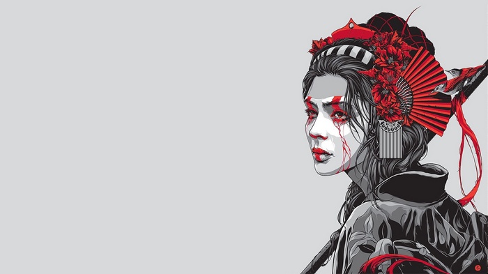 Artwork of a geisha with red accents