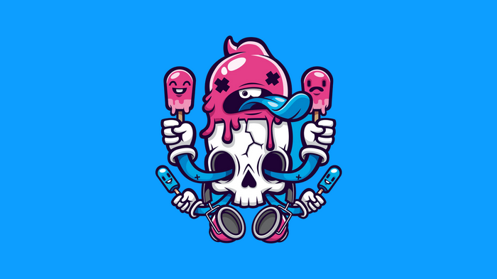 Skull with melting pink popsicle and ice cream