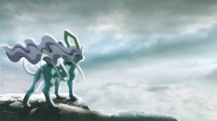Suicune standing on a rocky cliff under a cloudy sky