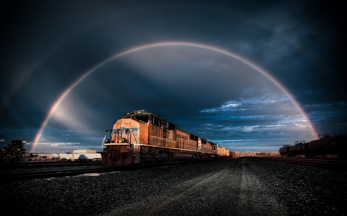 stones, vehicle, rainbows, digital art, train, railway, clouds