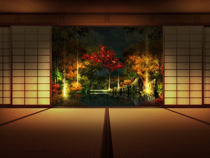 Japanese room with a view of a garden