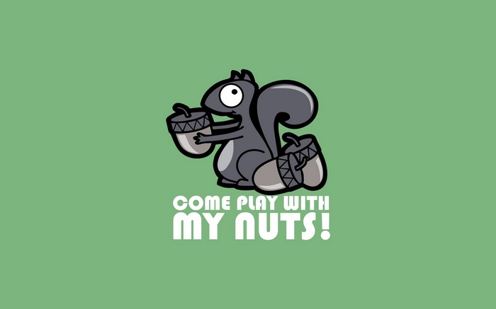 Squirrel holding acorns with text "COME PLAY WITH MY NUTS!"