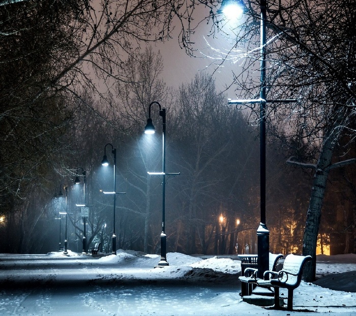 Snowy park at night with lanterns and benches