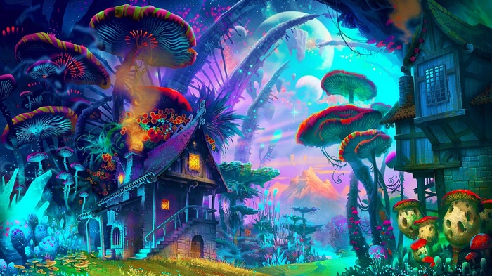 colorful, plants, psychedelic, house, fantasy art, mushroom, planet, mountains, drawing, nature