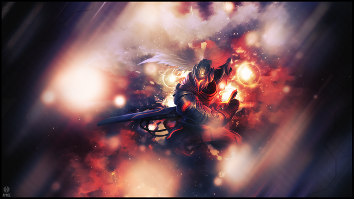 Yasuo from League of Legends in a fiery cosmic background