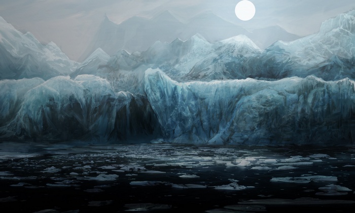 Artwork of an icy landscape with mountains and a moon
