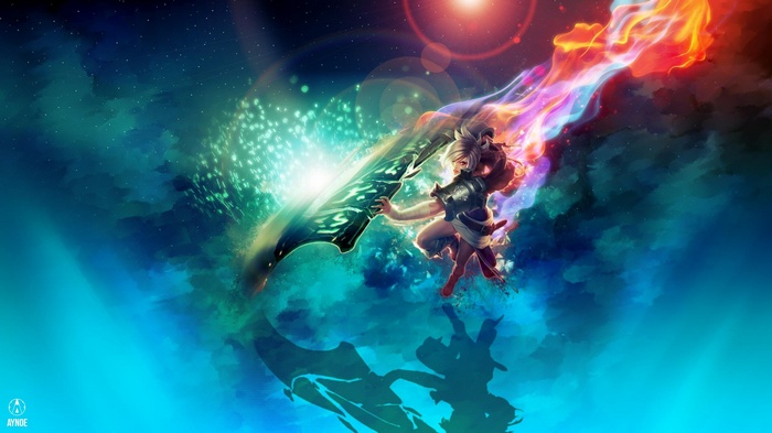 Riven from League of Legends wielding a glowing sword