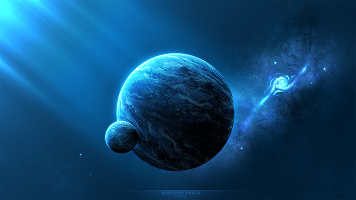 Blue planets and nebula in deep space