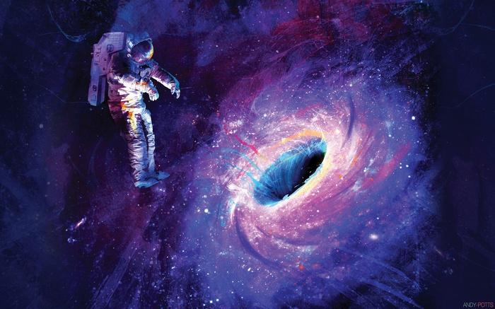 Astronaut floating near a black hole in space
