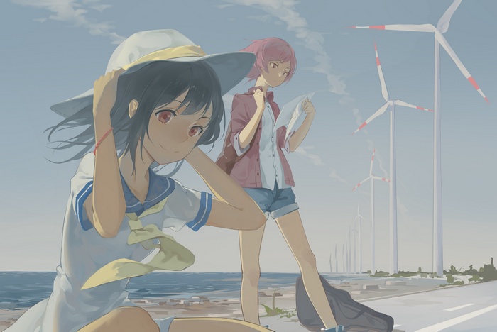 Yazawa Nico and Nishikino Maki with wind turbines