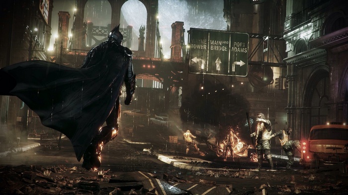 Batman in Gotham City during a rainy night