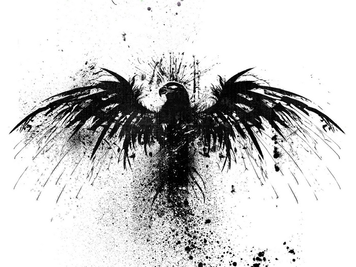 Black eagle with wings spread, splattered ink effect