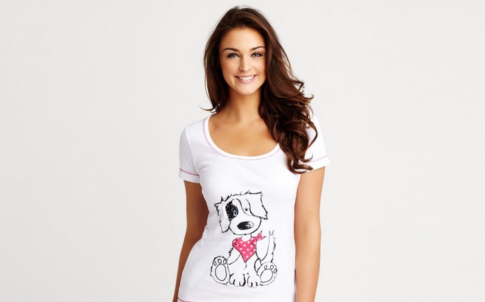 Woman in white t-shirt with dog print