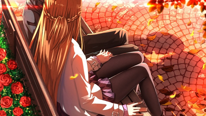 Yuuki Asuna and Kirigaya Kazuto on a bench with roses