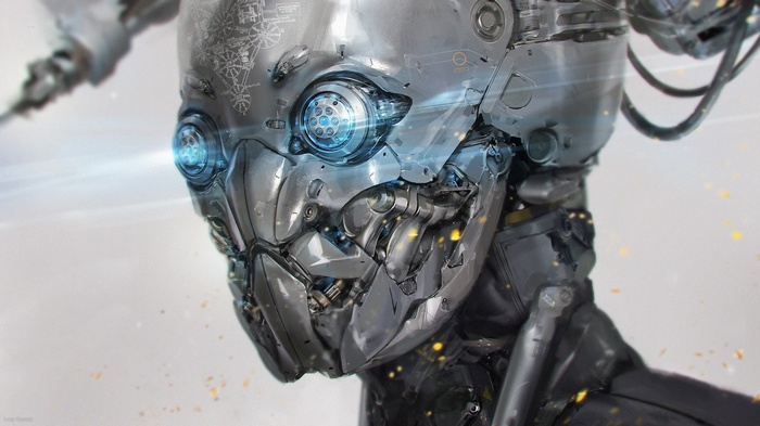 Close-up of a detailed robotic head with glowing blue eyes