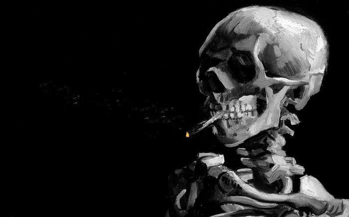 Skeleton smoking a cigarette with smoke