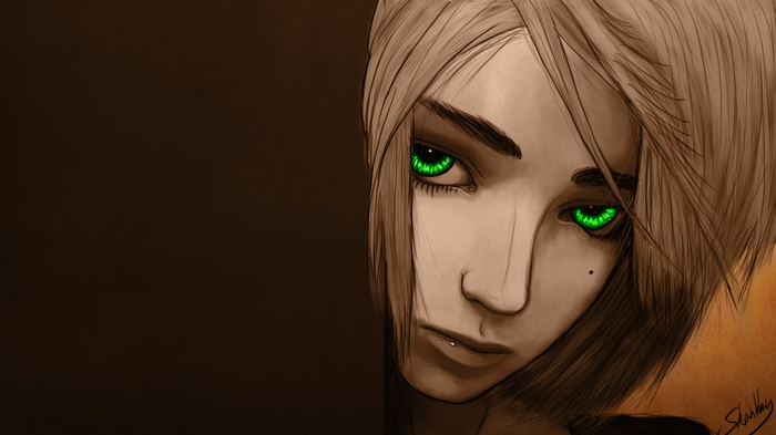 Anime girl with glowing green eyes peeking from behind a dark surface