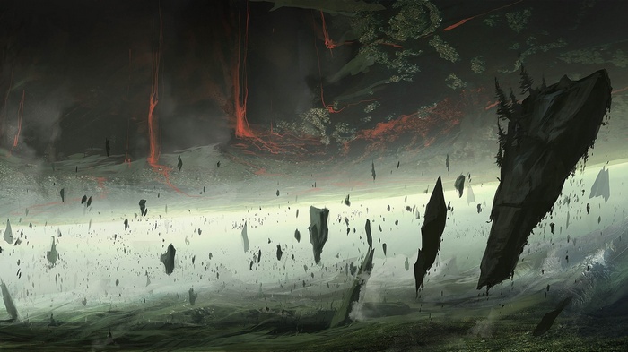 Fantasy art of floating islands and lava