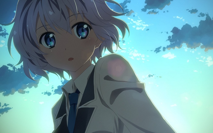 Yuuki Tatsuya anime character with white hair and blue eyes