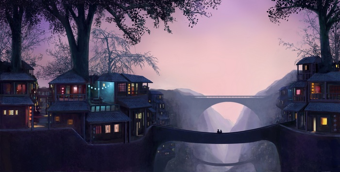 Fantasy village with bridges and trees at dusk