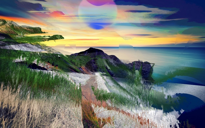 Digital art landscape with distorted mountains and sea