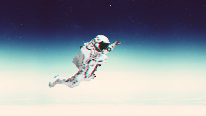 Astronaut in a spacesuit with Red Bull logo falling