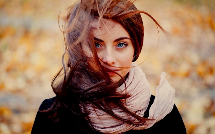 Hair In Face Looking At Viewer Women Depth Of Field Scarf Blue