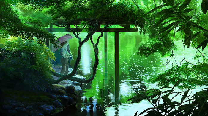 The Garden of Words: A person with an umbrella by a lake