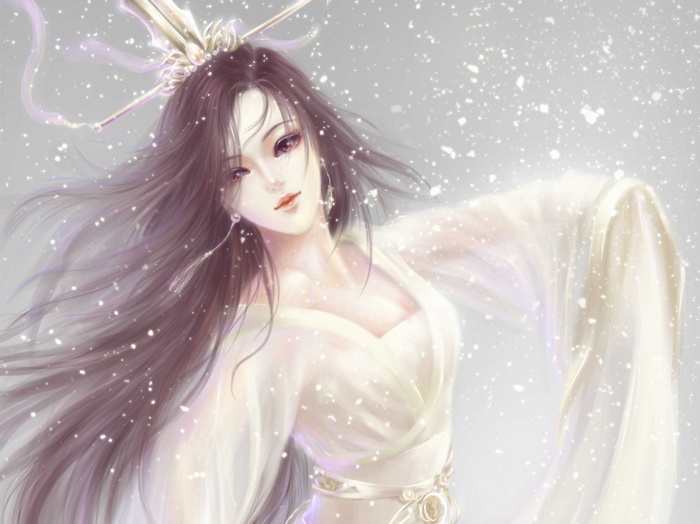Fantasy art of a woman in white dress with falling snow