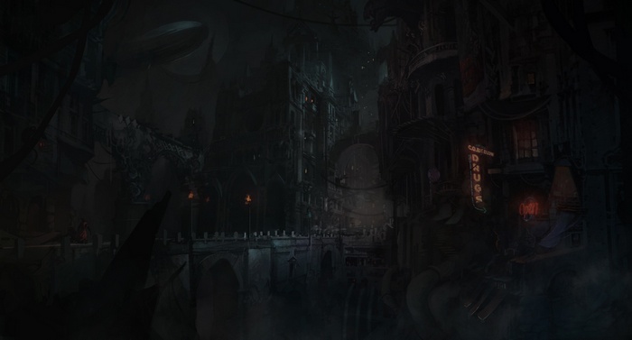 Castlevania: Lords of Shadow concept art of a dark city