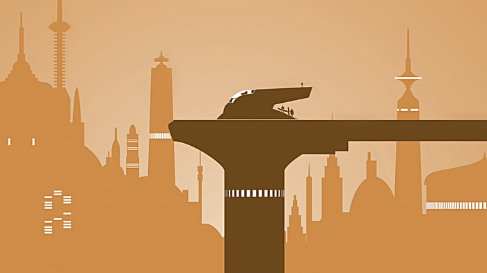 Slave I flying over a futuristic city