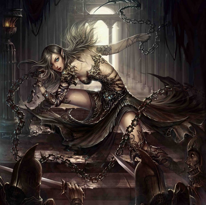 Elf warrior with chains in a dark castle
