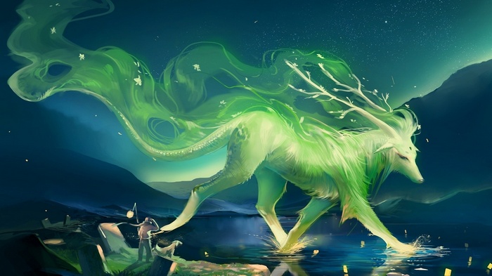 Fantasy creature with glowing green mane and antlers