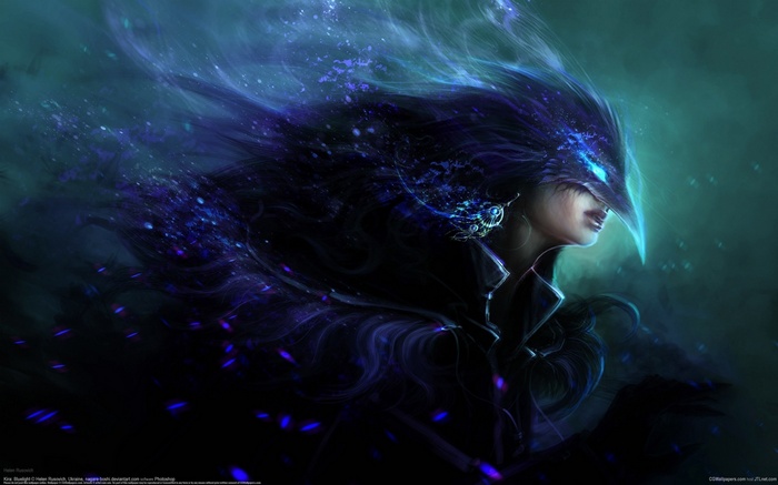 Woman with bird-like mask and flowing hair