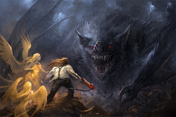 Man with guitar fights giant bat creature with angels
