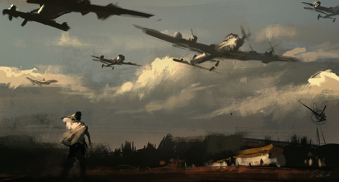 World War II bombers fly over a landscape with a person watching