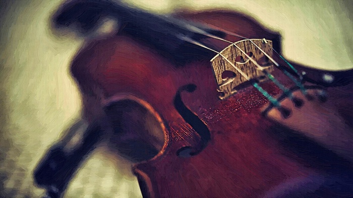 Close-up artwork of a violin bridge and strings
