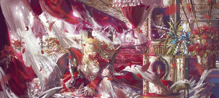 Saber Extra in a room with flowers and red curtains