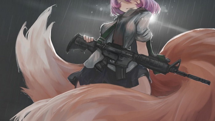 Anime fox girl with purple hair holding a rifle