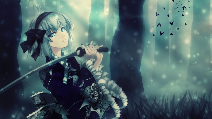 Youmu Konpaku with a sword in a forest