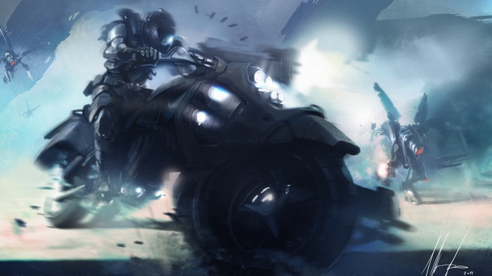 Futuristic soldier riding a motorcycle in battle