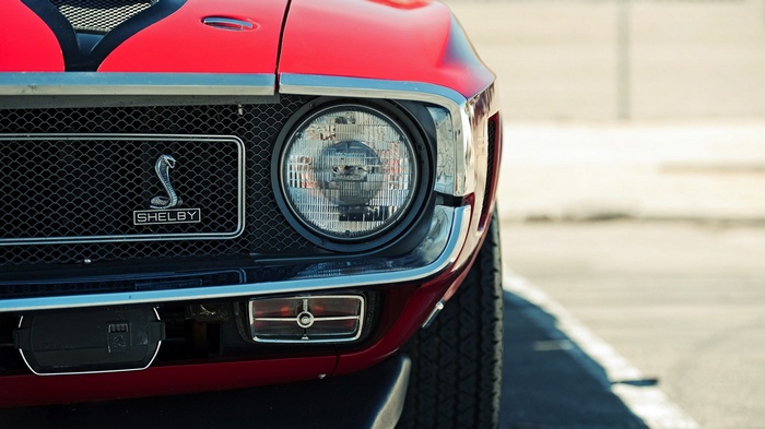 Red Shelby Mustang front grille and headlight