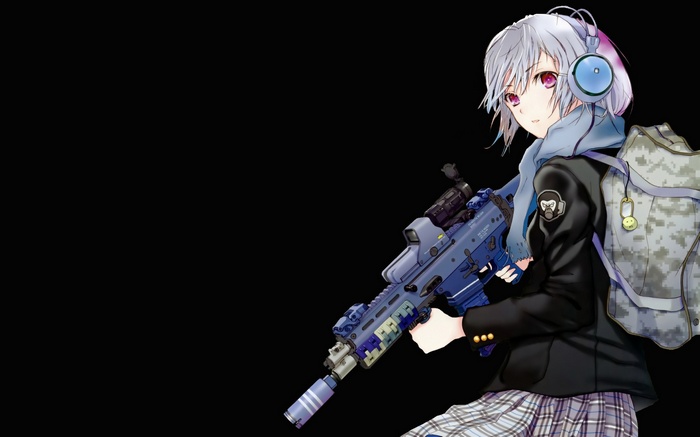 Anime girl with headphones holding a rifle